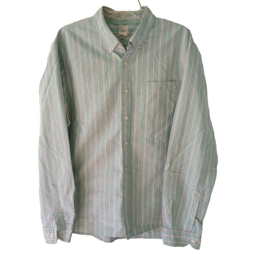 Lands' End Canvas Mens XL Button Down Shirt Long Sleeve Green Yellow Stripe